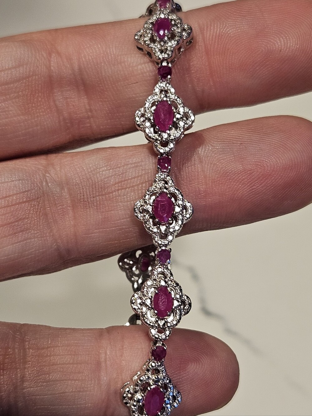 Natural Pink Ruby Rhodium Over Sterling Silver Tennis Bracelet